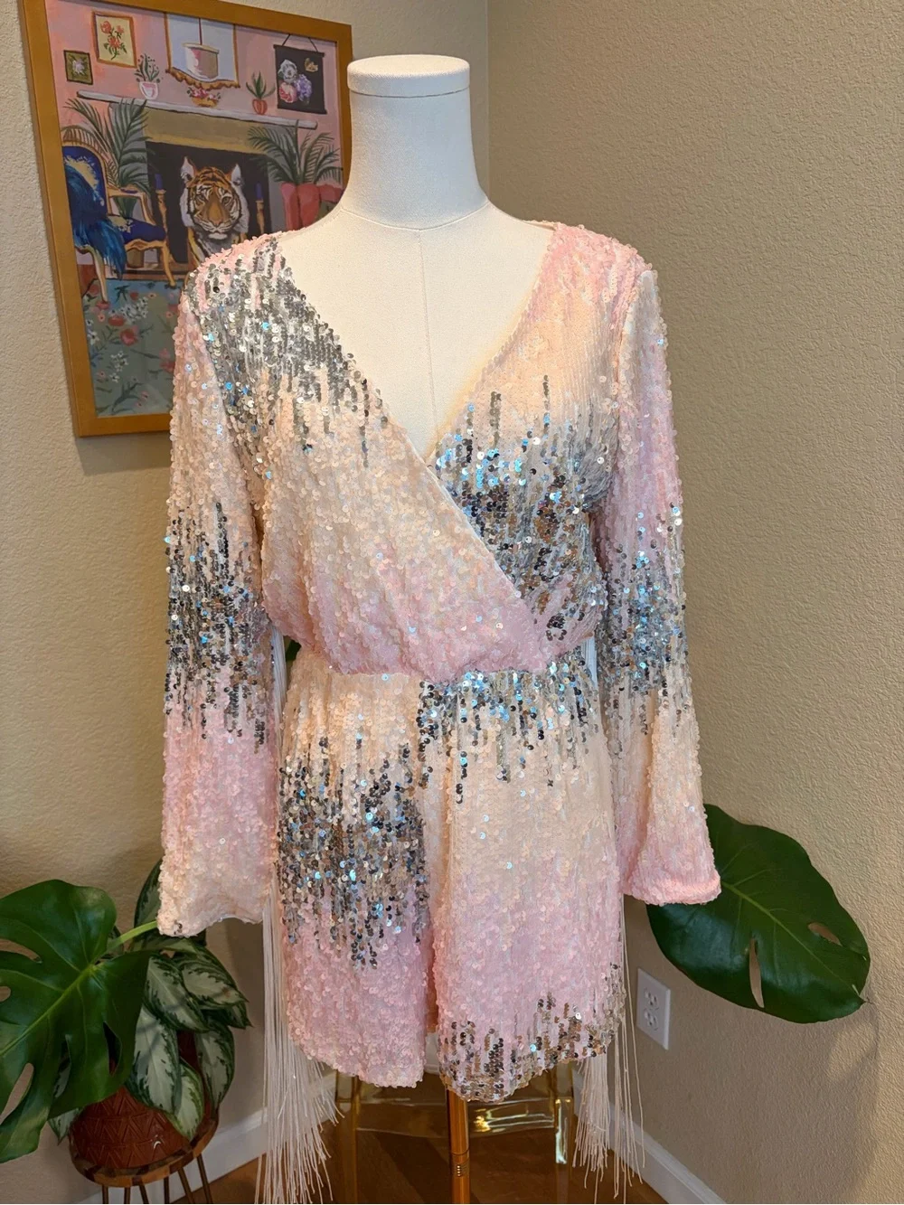 Nasty Gal Pink and Silver Sequin Fringe Romper - Size Small (US 4) - Picture 4 of 7